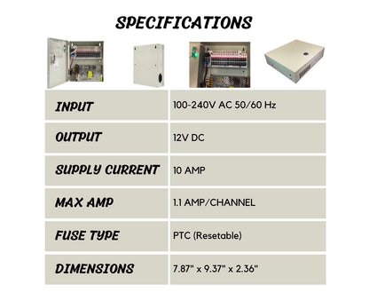 16 Channel DC 12V 10A CCTV Distributed Power Supply Box with DC Male Power Conenctors for Security Cameras and DVR