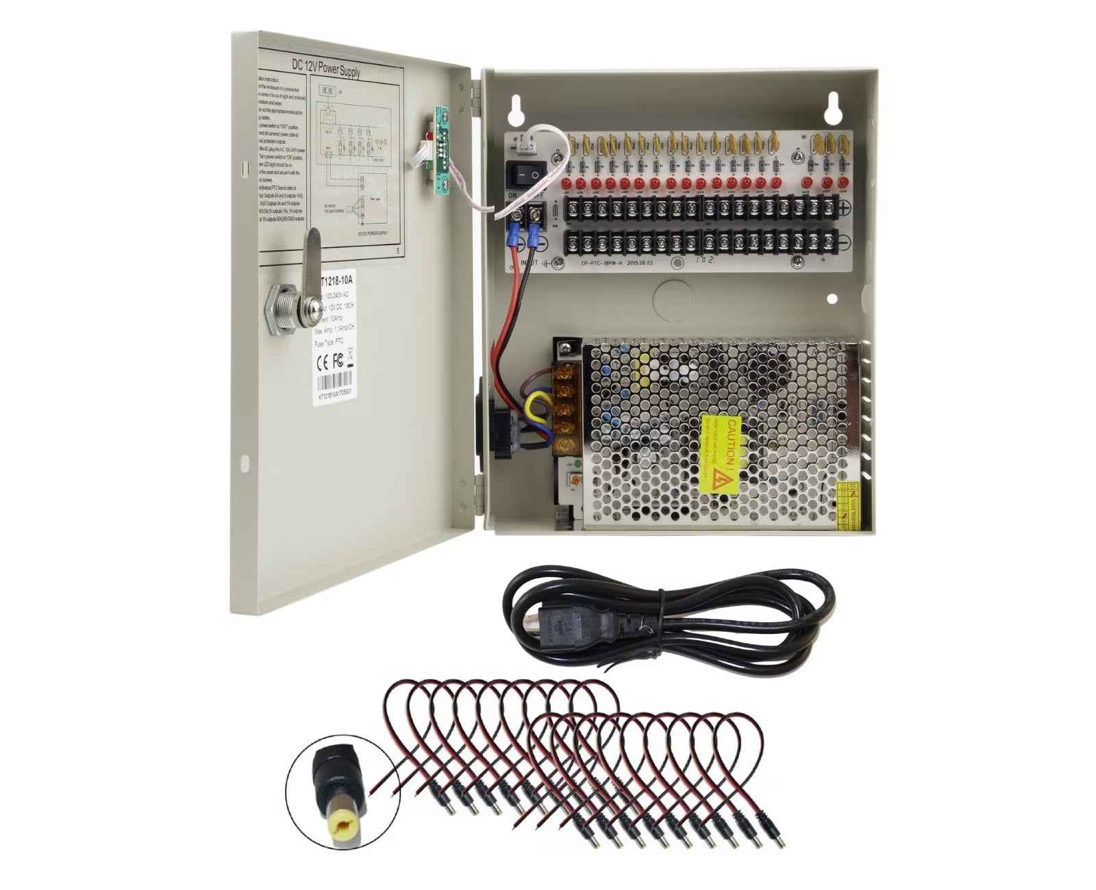 16 Channel DC 12V 10A CCTV Distributed Power Supply Box with DC Male Power Conenctors for Security Cameras and DVR